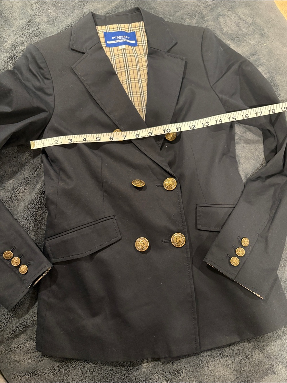 Burberry Blue Label Navy Double Breasted Blazer Gold Buttons Size 38 Lyocell - Picture 13 of 15